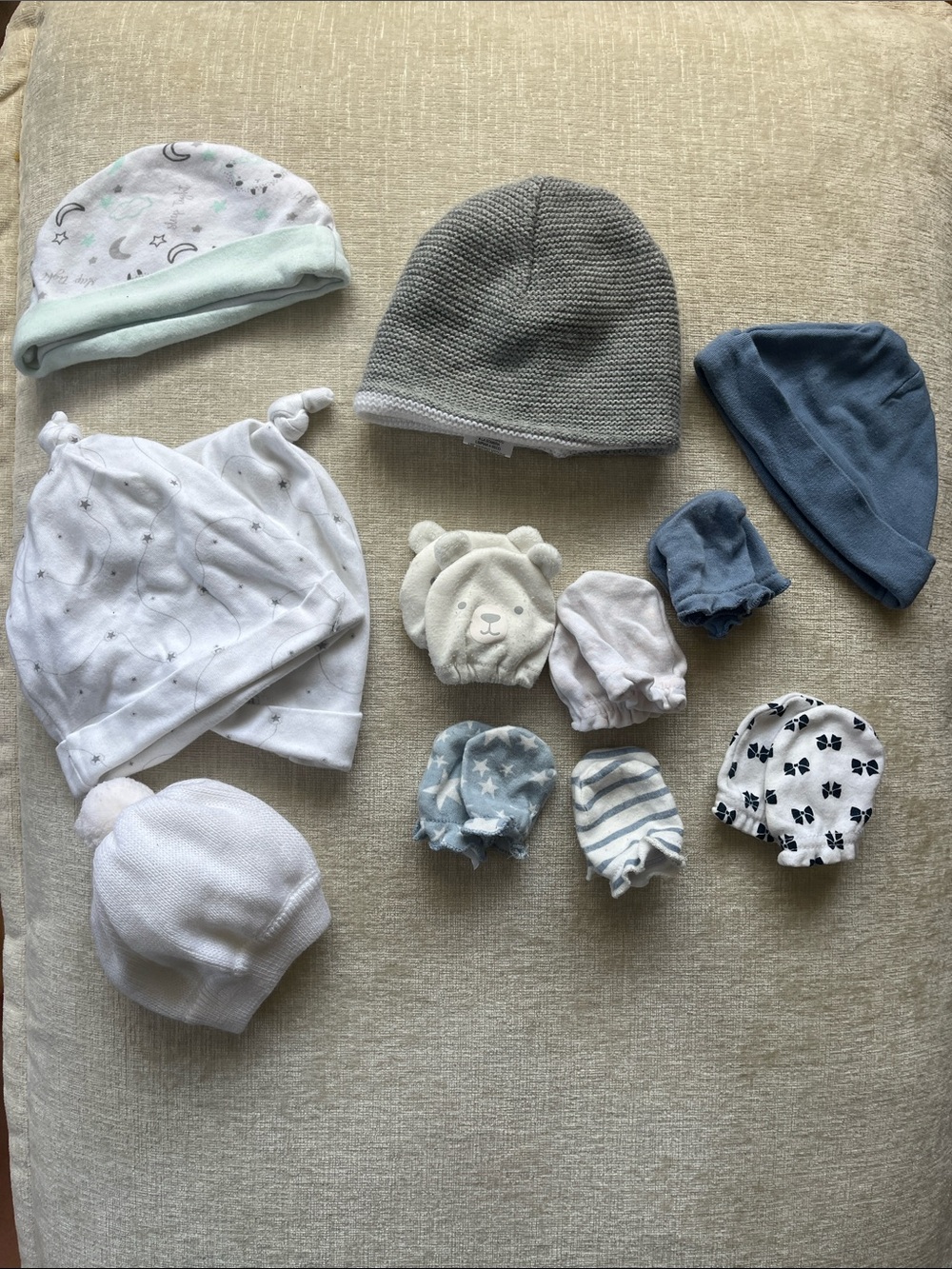 3 = $15 - Neutral Baby Hat and Mittens Set - White, Gray, Blue